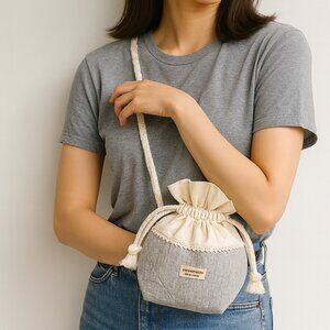 Sylvie Thiriez Creations Drawstring Tote Bag Rope Pull Two Tone Grey Beige OS